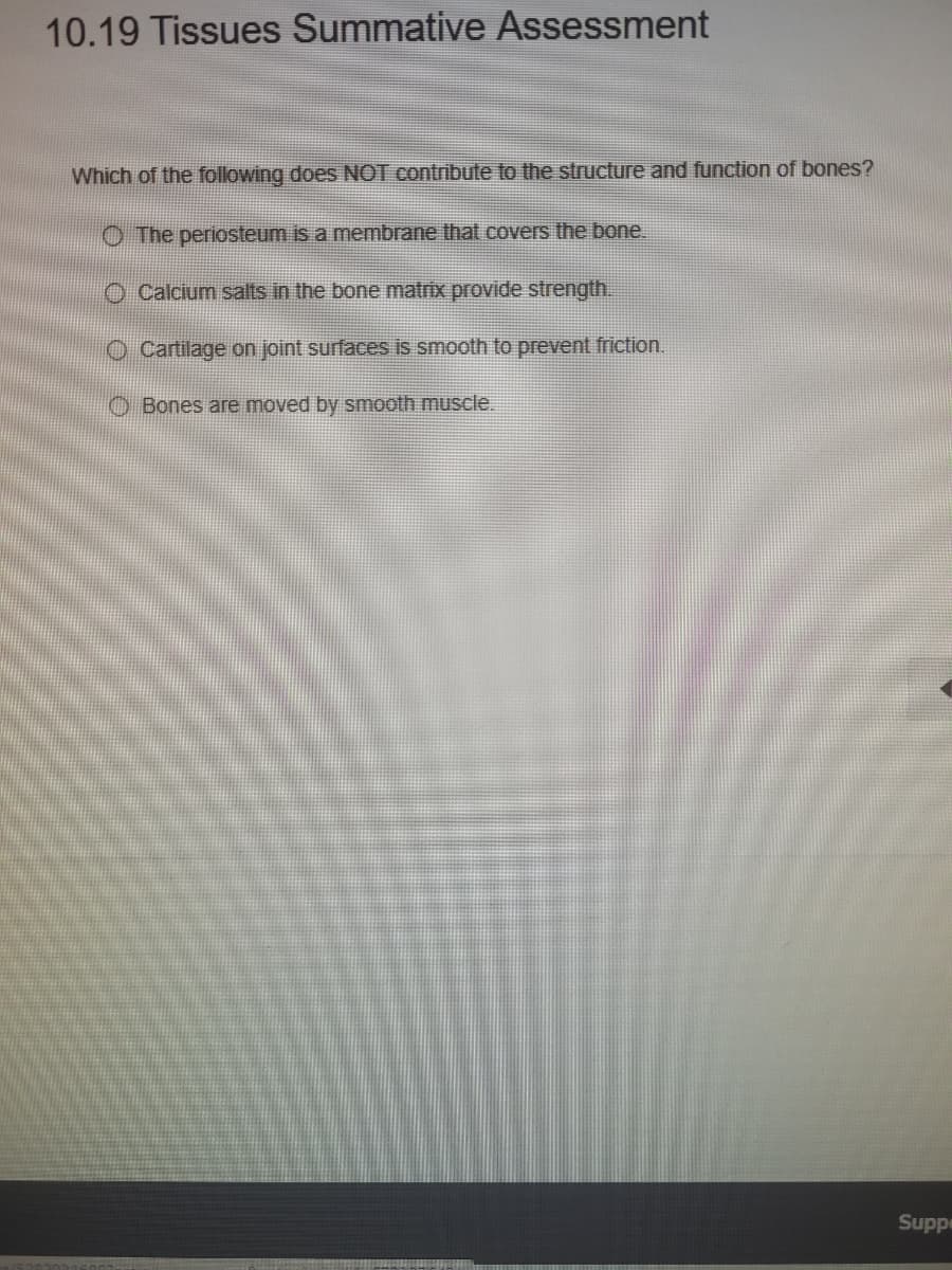 10.19 Tissues Summative Assessment
Which of the following does NOT contribute to the structure and function of bones?
O The periosteum is a membrane that covers the bone.
O Calcium salts in the bone matrix provide strength.
O Cartilage on joint surfaces is smooth to prevent friction.
O Bones are moved by smooth muscle.
Suppe
