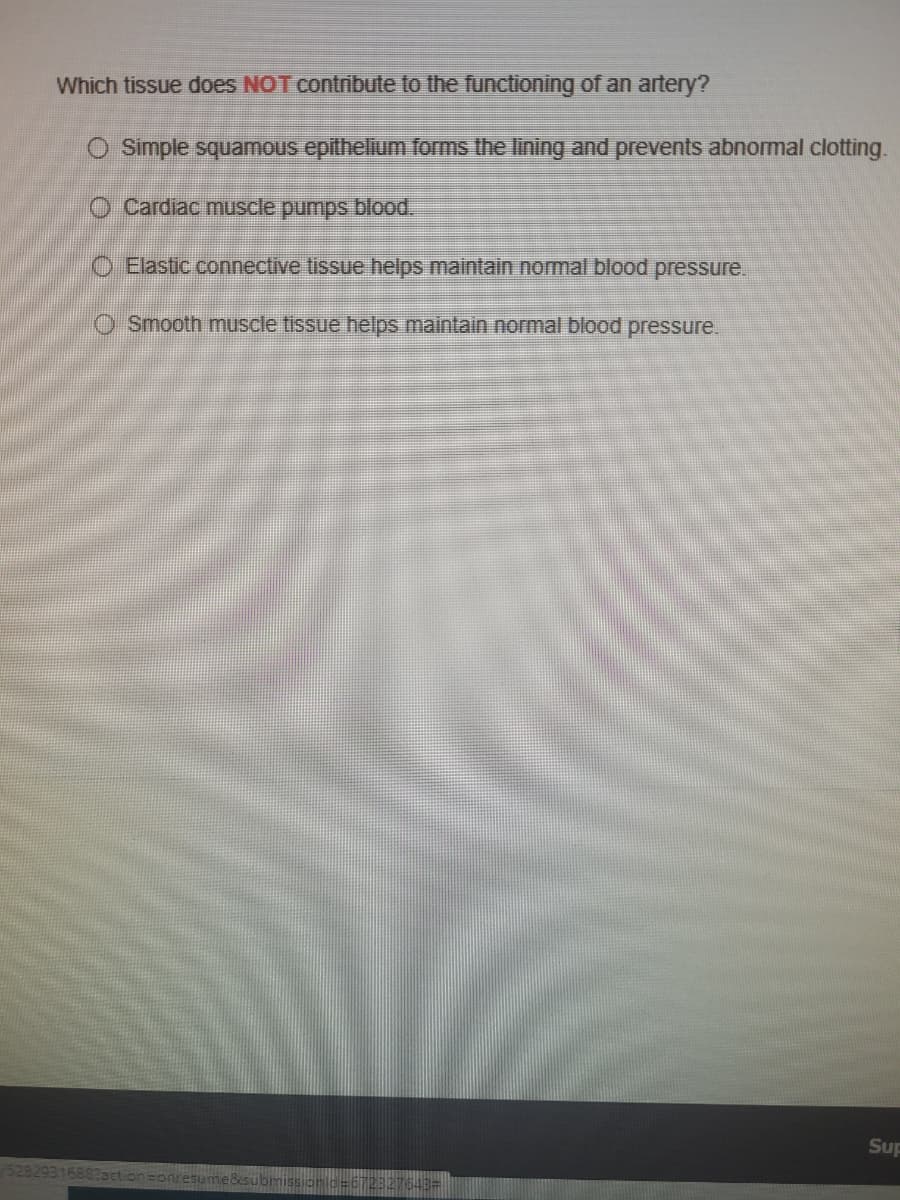 Which tissue does NOT contribute to the functioning of an artery?
O Simple squamous epithelium forms the lining and prevents abnomal clotting.
O Cardiac muscle pumps blood.
O Elastic connective tissue helps maintain nomal blood pressure.
Smooth muscle tissue helps maintain normal blood pressure.
Sup
5282
Fon
