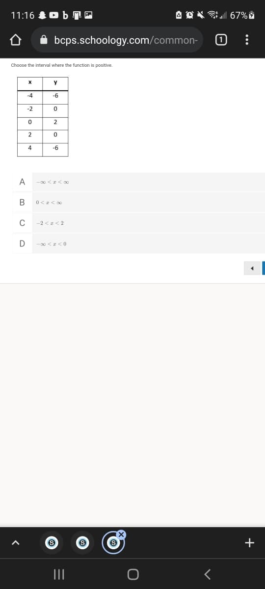 11:16 D b T
bcps.schoology.com/common-
(1
Choose the interval where the function is positive.
y
-4
-6
-2
2
4
-6
A
-00 < < o0
0<z< 00
C
-2 <z< 2
-00 <a <0
+
II
