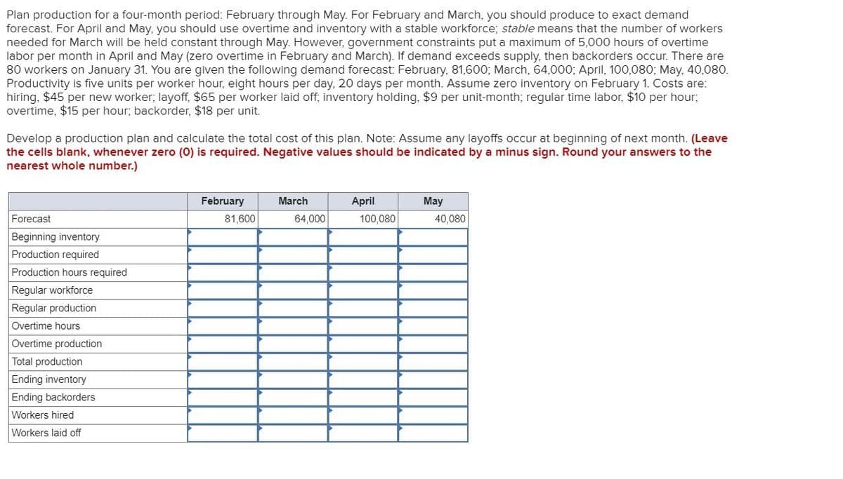 Plan production for a four-month period: February through May. For February and March, you should produce to exact demand
forecast. For April and May, you should use overtime and inventory with a stable workforce; stable means that the number of workers
needed for March will be held constant through May. However, government constraints put a maximum of 5,000 hours of overtime
labor per month in April and May (zero overtime in February and March). If demand exceeds supply, then backorders occur. There are
80 workers on January 31. You are given the following demand forecast: February, 81,600; March, 64,000; April, 100,080; May, 40,080.
Productivity is five units per worker hour, eight hours per day, 20 days per month. Assume zero inventory on February 1. Costs are:
hiring, $45 per new worker; layoff, $65 per worker laid off, inventory holding, $9 per unit-month; regular time labor, $10 per hour;
overtime, $15 per hour; backorder, $18 per unit.
Develop a production plan and calculate the total cost of this plan. Note: Assume any layoffs occur at beginning of next month. (Leave
the cells blank, whenever zero (0) is required. Negative values should be indicated by a minus sign. Round your answers to the
nearest whole number.)
February
March
April
May
Forecast
81,600
64,000
100,080
40,080
Beginning inventory
Production required
Production hours required
Regular workforce
Regular production
Overtime hours
Overtime production
Total production
Ending inventory
Ending backorders
Workers hired
Workers laid off
