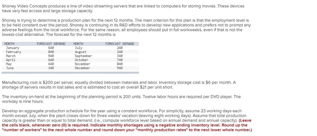 Shoney Video Concepts produces a line of video streaming servers that are linked to computers for storing movies. These devices
have very fast access and large storage capacity.
Shoney is trying to determine a production plan for the next 12 months. The main criterion for this plan is that the employment level is
to be held constant over the period. Shoney is continuing in its R&D efforts to develop new applications and prefers not to prompt any
adverse feelings from the local workforce. For the same reason, all employees should put in full workweeks, even if that is not the
lowest-cost alternative. The forecast for the next 12 months is
ITE
MONTH
FORECAST DEMAND
MONTH
FORECAST DEMAND
January
February
640
July
August
September
October
240
840
240
March
940
340
April
May
640
740
440
November
840
June
340
December
940
Manufacturing cost is $200 per server, equally divided between materials and labor. Inventory storage cost is $6 per month. A
shortage of servers results in lost sales and is estimated to cost an overall $21 per unit short.
The inventory on-hand at the beginning of the planning period is 200 units. Twelve labor hours are required per DVD player. The
workday is nine hours.
Develop an aggregate production schedule for the year using a constant workforce. For simplicity, assume 23 working days each
month except July, when the plant closes down for three weeks' vacation (leaving eight working days). Assume that total production
capacity is greater than or equal to total demand. (i.e., compute workforce level based on annual demand and annual capacity). (Leave
the cells blank, whenever zero (0) is required. Indicate monthly shortages using a negative ending inventory level. Round up the
"number of workers" to the next whole number and round down your "monthly production rates" to the next lower whole number.)
