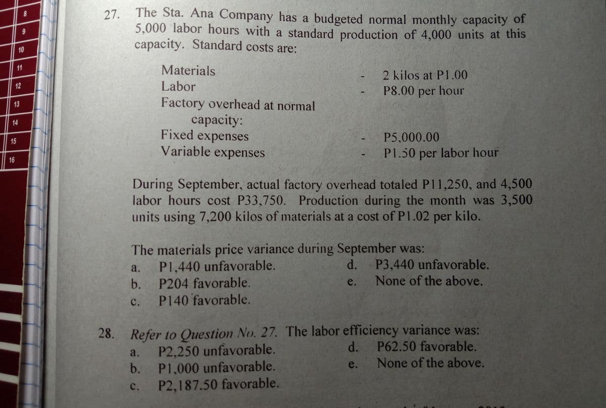 The Sta. Ana Company has a budgeted normal monthly capacity of
5,000 labor hours with a standard production of 4,000 units at this
capacity. Standard costs are:
27.
10
11
Materials
2 kilos at P1.00
12
Labor
P8.00 per hour
Factory overhead at normal
capacity:
Fixed expenses
Variable expenses
14
P5,000.00
P1.50 per labor hour
16
During September, actual factory overhead totaled P11,250, and 4,500
labor hours cost P33,750. Production during the month was 3,500
units using 7,200 kilos of materials at a cost of P1.02 per kilo.
The materials price variance during September was:
d. P3,440 unfavorable.
None of the above.
a.
P1,440 unfavorable.
b. P204 favorable.
e.
c. P140 favorable.
Refer to Question No. 27. The labor efficiency variance was:
P2,250 unfavorable.
b. P1,000 unfavorable.
P2,187.50 favorable.
28. F
d.
P62.50 favorable.
a.
e.
None of the above.
с.
8
13
15
