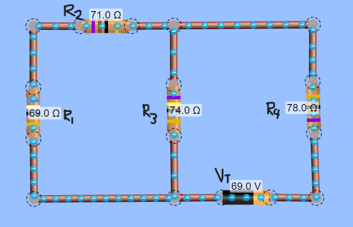 169.0 Ω
R₂
71.0 Ω
R3
174.0 Ω
V₁.
69.0 V
R4
78.0 22