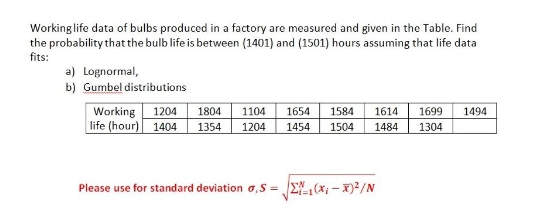 Working life data of bulbs produced in a factory are measured and given in the Table. Find
the probability that the bulb life is between (1401) and (1501) hours assuming that life data
fits:
a) Lognormal,
b) Gumbel distributions
Working
life (hour) 1404
1204
1804
1104
1654
1584
1614
1699
1494
1354
1204
1454
1504
1484
1304
Please use for standard deviation o,S = E1(x; - x)2/N
