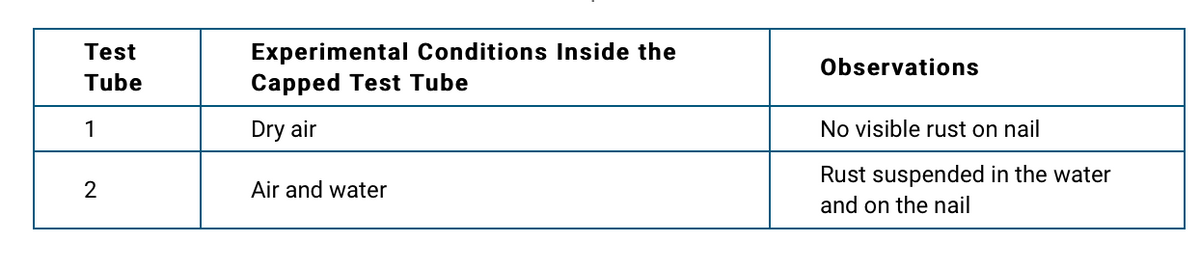 Experimental Conditions Inside the
Capped Test Tube
Test
Observations
Tube
1
Dry air
No visible rust on nail
Rust suspended in the water
2
Air and water
and on the nail

