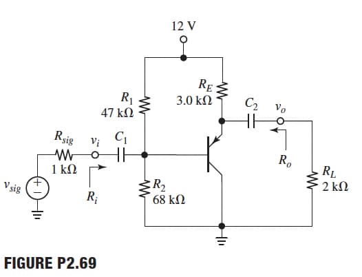 12 V
RE
R1
3.0 kN
C2 vo
47 kN
Rsig
Vi
R.
RL
1 kN
2 kN
R2
68 kN
V sig
R;
FIGURE P2.69
