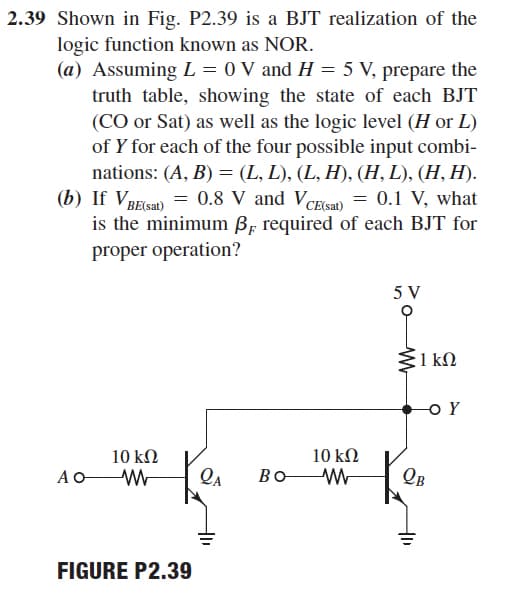 2.39 Shown in Fig. P2.39 is a BJT realization of the
logic function known as NOR.
(a) Assuming L = 0 V and H = 5 V, prepare the
truth table, showing the state of each BJT
(CO or Sat) as well as the logic level (H or L)
of Y for each of the four possible input combi-
nations: (A, B) = (L, L), (L, H), (H, L), (H, H).
(b) If VBEsa) = 0.8 V and VCEea) = 0.1 V, what
is the minimum B, required of each BJT for
proper operation?
5 V
31 kN
O Y
10 kN
10 kN
AO
QA
BO
QB
FIGURE P2.39
