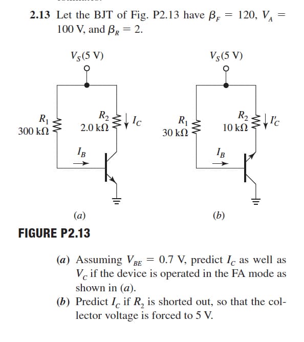 2.13 Let the BJT of Fig. P2.13 have B, = 120, V, =
100 V, and B, = 2.
Vs(5 V)
Vs(5 V)
R1
300 kΩ
R2
2.0 kN
R2
10 kΩ
R,
30 kΩ
IB
IB
(a)
(b)
FIGURE P2.13
(a) Assuming V BE = 0.7 V, predict Ic as well as
Ve if the device is operated in the FA mode as
shown in (a).
(b) Predict I if R, is shorted out, so that the col-
lector voltage is forced to 5 V.
