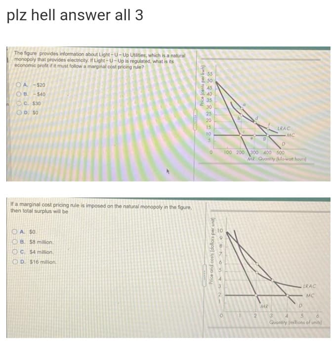 plz hell answer all 3
The figure provides information about Light – U – Up Utlities, which is a natural
monopoly that provides electricity. If Light-U-Up is regulated, what is its
economic profit if it must follow a marginal cost pricing nule?
I so
O A. - $20
O B. -$40
40
35
OC. $30
30
O D. S0
25
20
15
LRAC
10
MC
100 200 300 400 500
MR Quantity (kilowott hours)
If a marginal cost pricing rule is imposed on the naturai monopoly in the figure,
then total surplus will be
O A. $0.
O B. $8 million
O C. $4 million.
OD. $16 milion.
LRAC
MC
MR
3
4
5.
Quantily (millions of unit)
dev
(aun sed soyop) sisoo puo eoa
(ymg ed sueo) e
