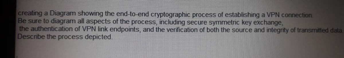 creating a Diagram showing the end-to-end cryptographic process of establishing a VPN connection.
Be sure to diagram all aspects of the process, including secure symmetric key exchange,
the authentication of VPN link endpoints, and the verification of both the source and integrity of transmitted data.
Describe the process depicted.
