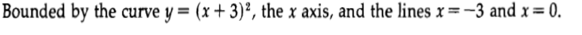 Bounded by the curve y = (x + 3)², the x axis, and the lines x =-3 and x= 0.
%3D
