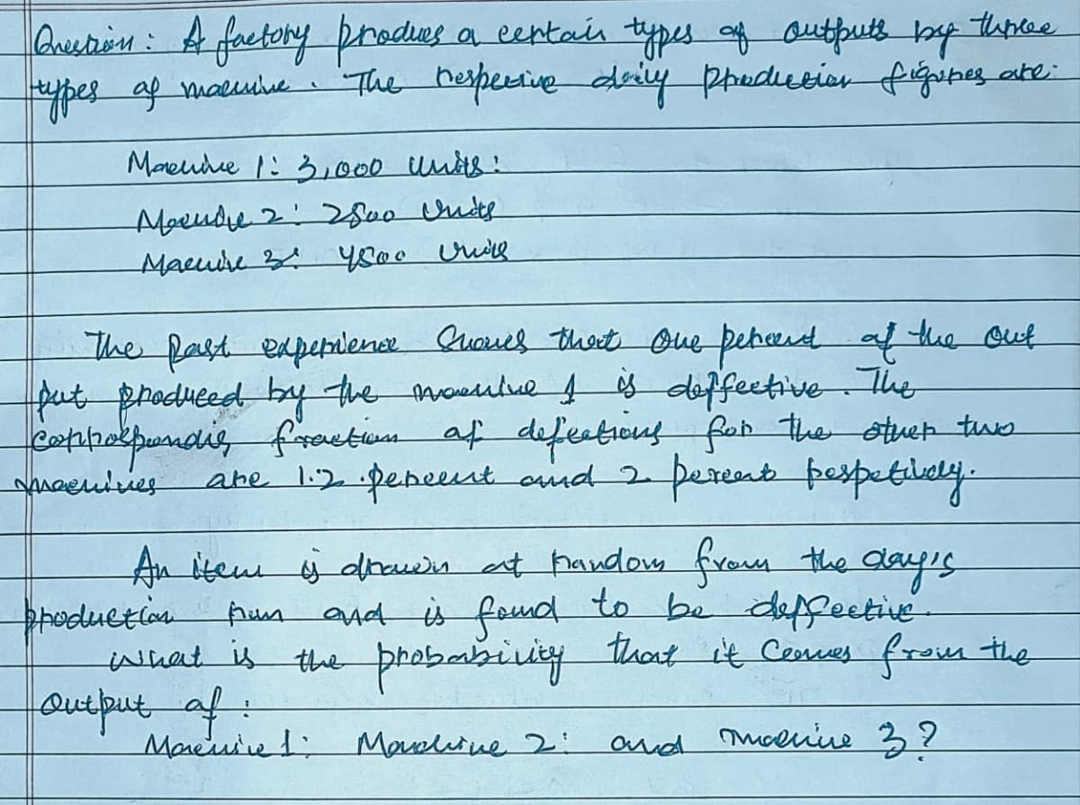 Question: A factory produces a certain types of outputs by
types of malmine
three
The respective daily production figures are:
Machine 1: 3,000 units!
Monde 2: 2500 units
Machine 3! 4500 Unis
The past experience shows that one percent of the out
put produced by the mounive I is deffective. The
Coppolpundie fraction of defections for the other two
are 1.2 Pepeent and 2 perennt pespectively.
meenives
production
An item is drawn at handom from the day's
hun and is found to be deffective.
what is the probability that it comes from the
output af:
Maremine 1:
and maenine 3 ?
Machine 2: