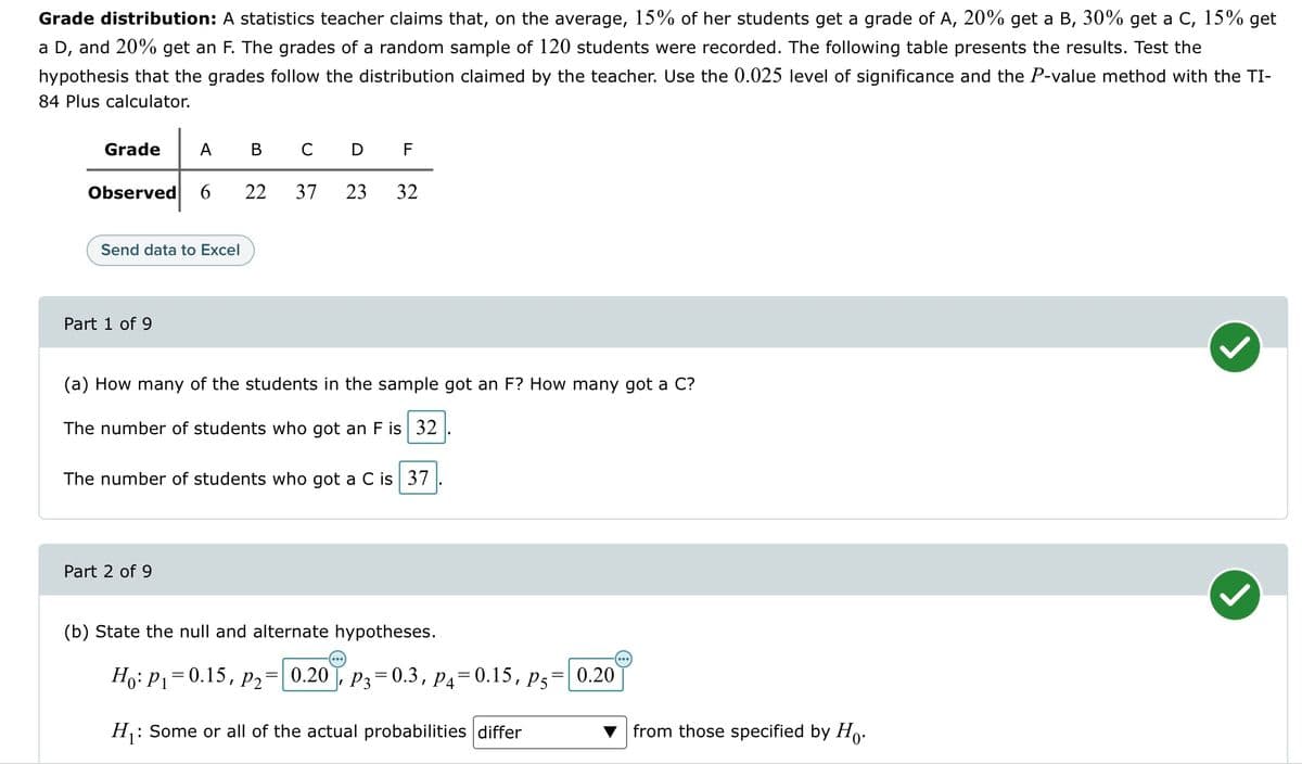 Grade distribution: A statistics teacher claims that, on the average, 15% of her students get a grade of A, 20% get a B, 30% get a C, 15% get
a D, and 20% get an F. The grades of a random sample of 120 students were recorded. The following table presents the results. Test the
hypothesis that the grades follow the distribution claimed by the teacher. Use the 0.025 level of significance and the P-value method with the TI-
84 Plus calculator.
B
C D
F
Observed 6 22 37 23 32
Grade
Send data to Excel
Part 1 of 9
(a) How many of the students in the sample got an F? How many got a C?
The number of students who got an F is 32
The number of students who got a C is 37
Part 2 of 9
(b) State the null and alternate hypotheses.
=
Ho: P₁ = 0.15, P₂= 0.20, p=0.3, P4-0.15, Ps= 0.20
H₁: Some or all of the actual probabilities differ
from those specified by Ho