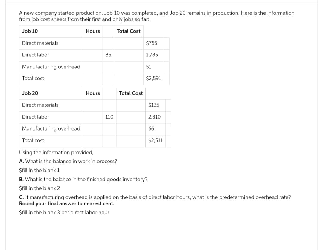 A new company started production. Job 10 was completed, and Job 20 remains in production. Here is the information
from job cost sheets from their first and only jobs so far:
Job 10
Hours
Total Cost
Direct materials.
Direct labor
Manufacturing overhead
Total cost
Job 20
Direct materials
Direct labor
Manufacturing overhead
Total cost
Hours
85
110
Total Cost
$755
1,785
51
$2,591
Using the information provided,
A. What is the balance in work in process?
$fill in the blank 1
B. What is the balance in the finished goods inventory?
$fill in the blank 2
$135
2,310
66
$2,511
C. If manufacturing overhead is applied on the basis of direct labor hours, what is the predetermined overhead rate?
Round your final answer to nearest cent.
$fill in the blank 3 per direct labor hour