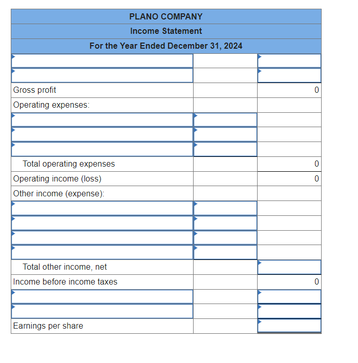 PLANO COMPANY
Income Statement
For the Year Ended December 31, 2024
Gross profit
Operating expenses:
Total operating expenses
Operating income (loss)
Other income (expense):
Total other income, net
Income before income taxes
Earnings per share
0
0
0
0