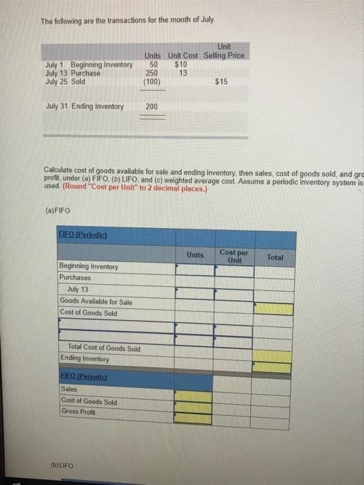 The following are the transactions for the month of July.
July 1 Beginning Inventory
July 13 Purchase
July 25 Sold
July 31 Ending Inventory
(a) FIFO
FIFO (Periodic)
Beginning Inventory
Purchases
Calculate cost of goods available for sale and ending inventory, then sales, cost of goods sold, and gra
profit, under (a) FIFO, (b) LIFO, and (c) weighted average cost. Assume a periodic inventory system is
used. (Round "Cost per Unit" to 2 decimal places.)
July 13
Goods Available for Sale
Cost of Goods Sold
Total Cost of Goods Sold
Ending Inventory
EIFO (Periodic)
Sales
Cost of Goods Sold
Gross Profit
Unit
Units Unit Cost Selling Price
50
$10
13
(b) LIFO
250
(100)
200
$15
Units
Cost per
Unit
Total