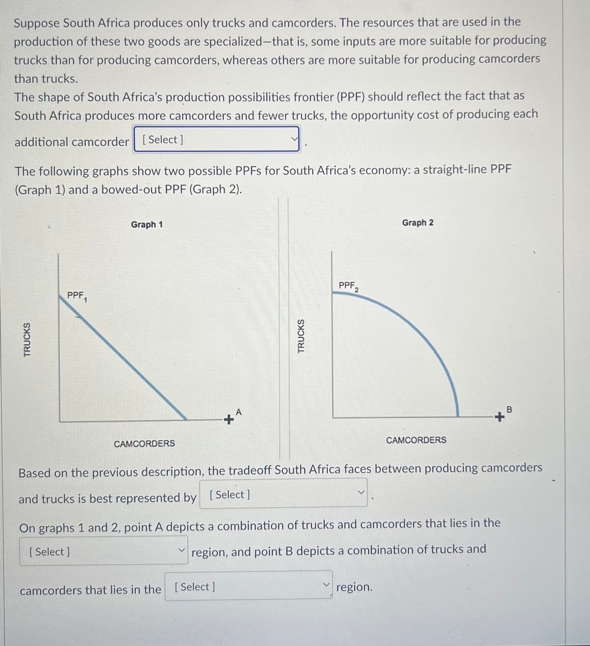 Suppose South Africa produces only trucks and camcorders. The resources that are used in the
production of these two goods are specialized-that is, some inputs are more suitable for producing
trucks than for producing camcorders, whereas others are more suitable for producing camcorders
than trucks.
The shape of South Africa's production possibilities frontier (PPF) should reflect the fact that as
South Africa produces more camcorders and fewer trucks, the opportunity cost of producing each
additional camcorder [Select]
The following graphs show two possible PPFs for South Africa's economy: a straight-line PPF
(Graph 1) and a bowed-out PPF (Graph 2).
TRUCKS
PPF
Graph 1
CAMCORDERS
*1
V
TRUCKS
camcorders that lies in the [Select]
PPF2
Based on the previous description, the tradeoff South Africa faces between producing camcorders
and trucks is best represented by [Select]
Graph 2
On graphs 1 and 2, point A depicts a combination of trucks and camcorders that lies in the
[Select]
region, and point B depicts a combination of trucks and
CAMCORDERS
region.