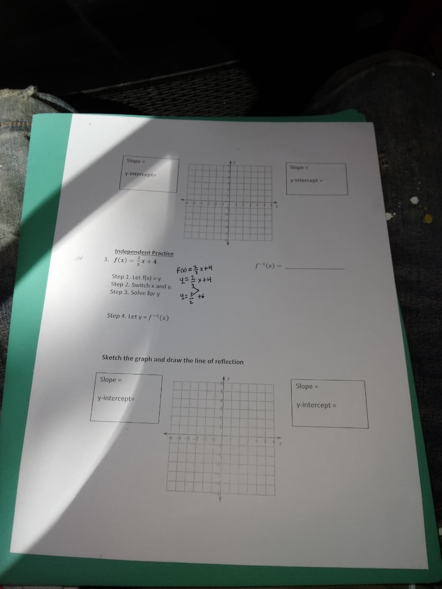 Slope =
Slope =
y-intercept=
y-intercept =
Independent Practice
3. f(x) =x+4
f(x) =
fo = x+4
4= 2 x+4
Step 1. Let f(x) = y
Step 2. Switch x and y.
Step 3. Solve for y
4= 3 +6
Step 4. Let y = f-'(x)
Sketch the graph and draw the line of reflection
Slope =
Slope =
y-intercept=
y-intercept =
