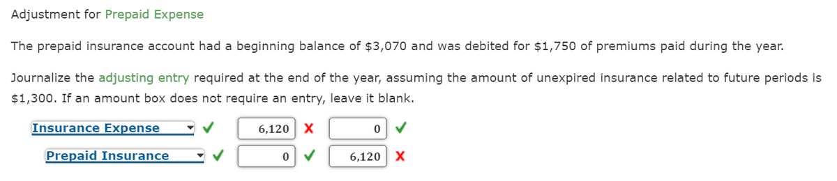 Adjustment for Prepaid Expense
The prepaid insurance account had a beginning balance of $3,070 and was debited for $1,750 of premiums paid during the year.
Journalize the adjusting entry required at the end of the year, assuming the amount of unexpired insurance related to future periods is
$1,300. If an amount box does not require an entry, leave it blank.
Insurance Expense
6,120
Prepaid Insurance
6,120 X
