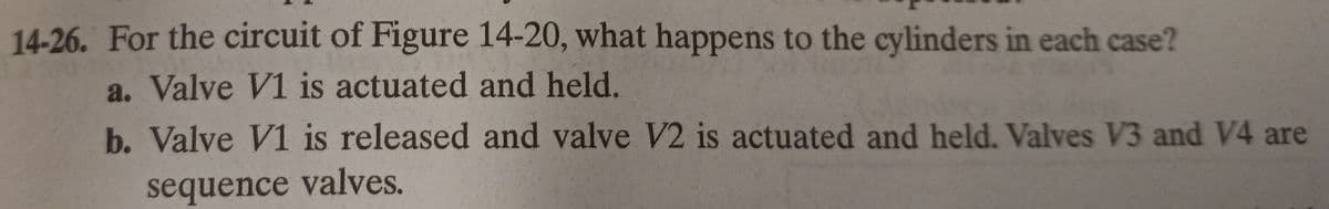 14-26. For the circuit of Figure 14-20, what happens to the cylinders in each case?
a. Valve V1 is actuated and held.
b. Valve V1 is released and valve V2 is actuated and held. Valves V3 and V4 are
sequence valves.