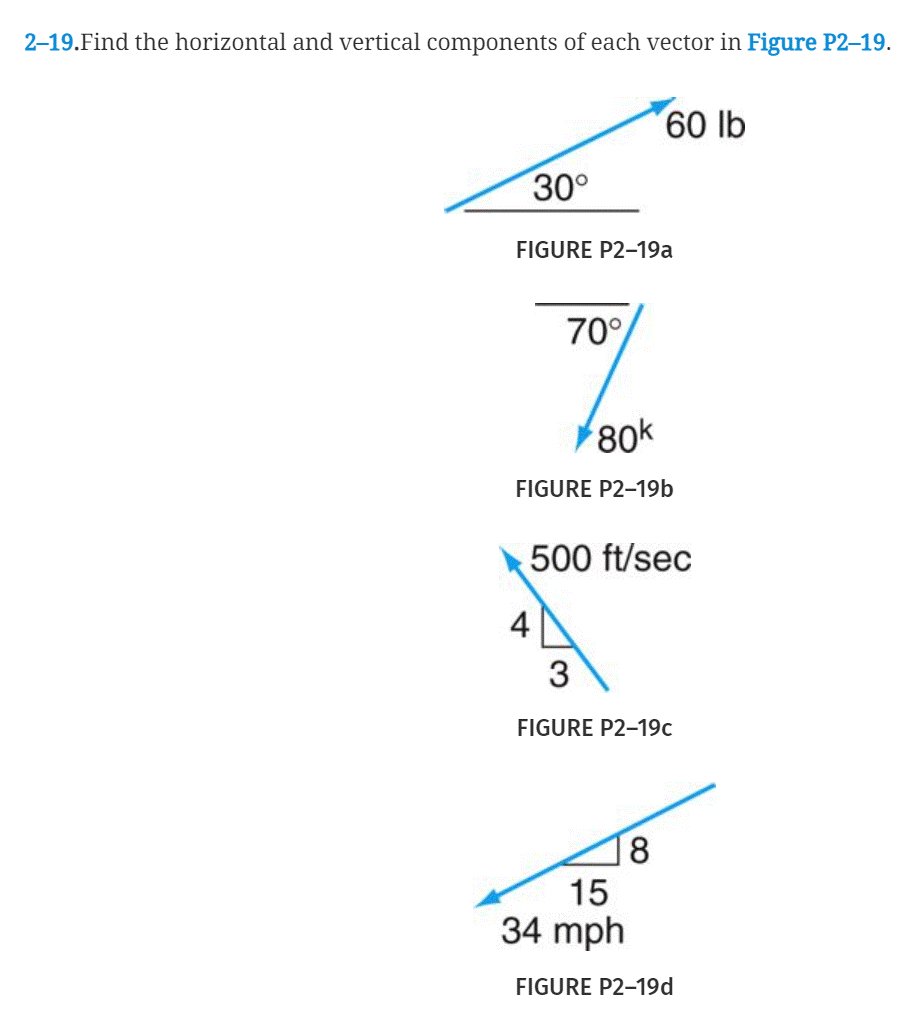 2-19.Find the horizontal and vertical components of each vector in Figure P2–19.
60 lb
30°
FIGURE P2-19a
70°
80k
FIGURE P2-19b
500 ft/sec
4
3
FIGURE P2-19c
8
15
34 mph
FIGURE P2-19d
