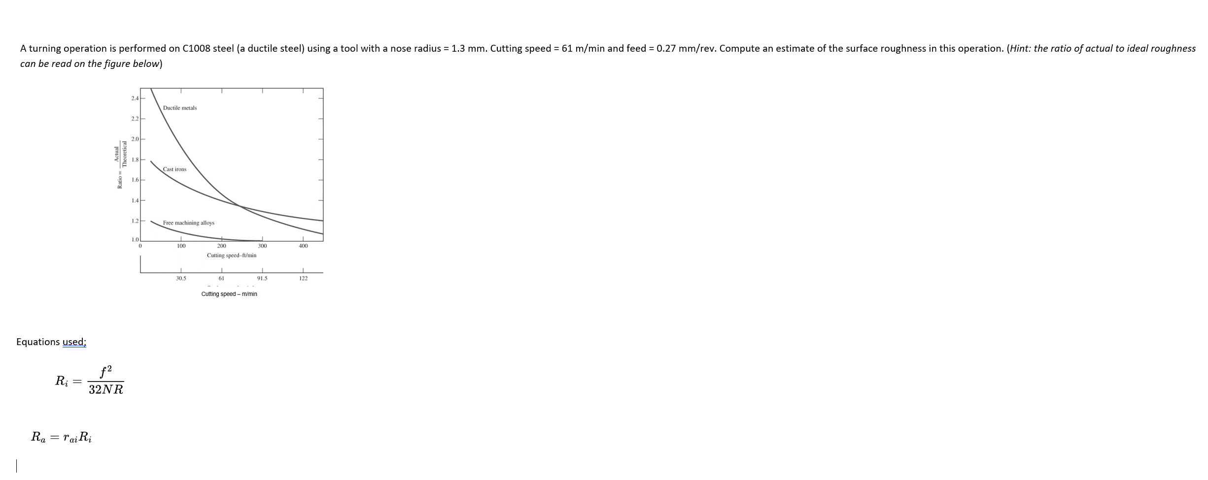 A turning operation is performed on C1008 steel (a ductile steel) using a tool with a nose radius= 1.3 mm. Cutting speed = 61 m/min and feed = 0.27 mm/rev. Compute an estimate of the surface roughness in this operation. (Hint: the ratio of actual to ideal roughness
can be read on the figure below)
Equations used;
Ra
Ri
Actual
Ratio Theoretical
32NR
= rai Ri
2.4
2.2
2.0
1.8
1.6
1.4
1.2
1.0
0
Ductile metals
Cast irons
Free machining alloys.
100
30.5
200
Cutting speed-ft/min
61
Cutting speed - m/min
300
91.5
400
122