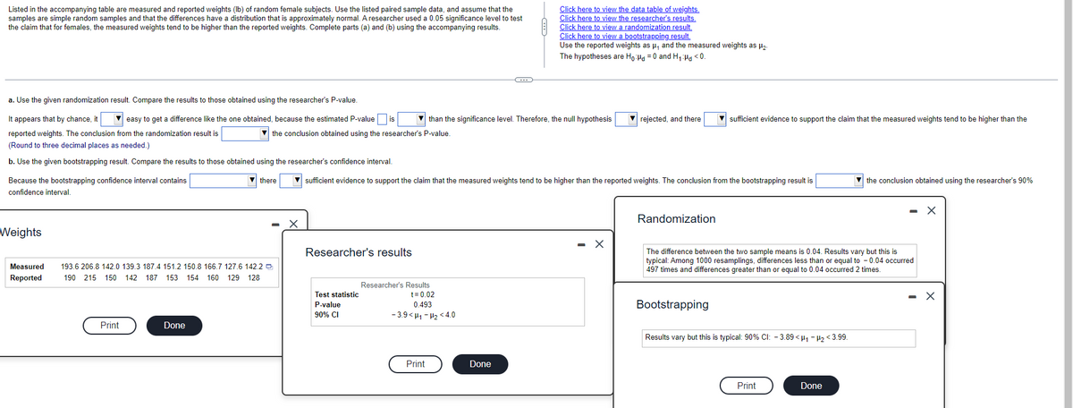 Click here to view the data table of weights.
Click here to view the researcher's results.
Click here to view a randomization result.
Click here to view a bootstrapping result.
Use the reported weights as u, and the measured weights as l2.
The hypotheses are Ho:Ha = 0 and H, Ha < 0.
Listed in the accompanying table are measured and reported weights (Ib) of random female subjects. Use the listed paired sample data, and assume that the
samples are simple random samples and that the differences have a distribution that is approximately normal. A researcher used a 0.05 significance level to test
the claim that for females, the measured weights tend to be higher than the reported weights. Complete parts (a) and (b) using the accompanying results.
a. Use the given randomization result. Compare the results to those obtained using the researcher's P-value.
It appears that by chance, it
easy to get a difference like the one obtained, because the estimated P-value
is
than the significance level. Therefore, the null hypothesis
rejected, and there
sufficient evidence to support the claim that the measured weights tend to be higher than the
reported weights. The conclusion from the randomization result is
V the conclusion obtained using the researcher's P-value
(Round to three decimal places as needed.)
b. Use the given bootstrapping result. Compare the results to those obtained using the researcher's confidence interval.
V there
Because the bootstrapping confidence interval contains
confidence interval.
sufficient evidence to support the claim that the measured weights tend to be higher than the reported weights. The conclusion from the bootstrapping result is
the conclusion obtained using the researcher's 90%
Randomization
Weights
- X
Researcher's results
The difference between the two sample means is 0.04. Results vary but this is
typical: Among 1000 resamplings, differences less than or equal to - 0.04 occurred
497 times and differences greater than or equal to 0.04 occurred 2 times.
Measured
193.6 206.8 142.0 139.3 187.4 151.2 150.8 166.7 127.6 142.2 9
Reported
190 215 150 142 187 153 154 160 129 128
Researcher's Results
- X
Test statistic
t= 0.02
P-value
90% CI
Bootstrapping
0.493
- 3.9 < 41 - H2 < 4.0
Print
Done
Results vary but this is typical: 90% Cl: - 3.89 < µ1 - H2< 3.99.
Print
Done
Print
Done
