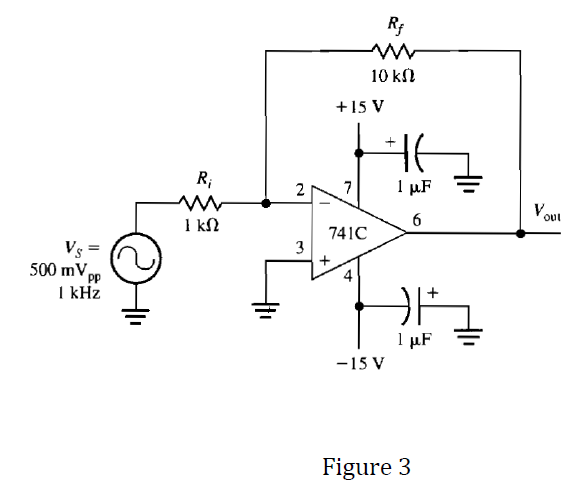 10 kſl
+15 V
R;
1 µF
2
7
1 kN
741C
3
Vs =
500 mV,
PP
4
I kHz
1 µF
-15 V
Figure 3
