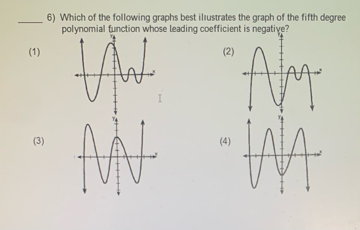 6) Which of the following graphs best iliustrates the graph of the fifth degree
polynomial function whose leading coefficient is negative?
Am
(1)
(2)
I
(3)
(4)
