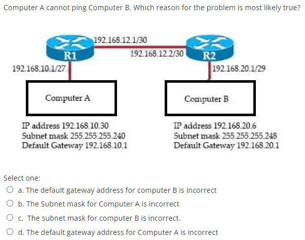 Computer A cannot ping Computer B. Which reason for the problem is most likely true?
192.168.12.1/30
R1
192.168.12.2/30
192.168.10.1/27
R2
192.168.20.1/29
Computer A
Computer B
IP address 192.168.10.30
Subnet mask 255.255.255.240
Default Gateway 192.168.10.1
IP address 192.168.20.6
Subnet mask 255.255.255.248
Default Gateway 192.168.20.1
Select one:
O a. The default gateway address for computer B is incorrect
O b. The Subnet mask for Computer A is incorrect
O c. The subnet mask for computer B is incorrect.
O d. The default gateway address for Computer A is incorrect
