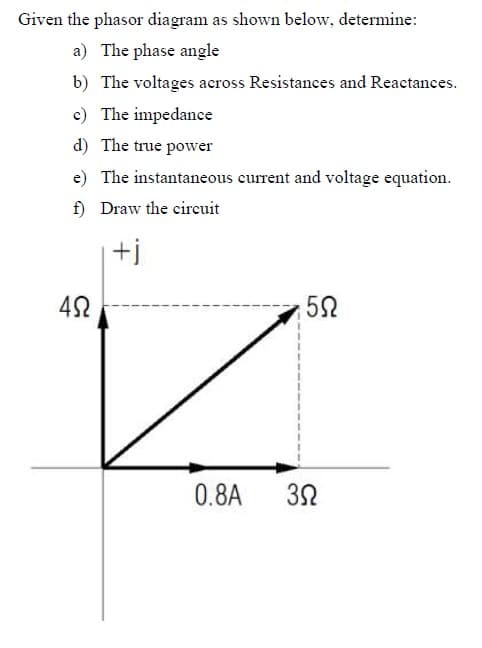 Given the phasor diagram as shown below, determine:
a) The phase angle
b) The voltages across Resistances and Reactances.
c) The impedance
d) The true power
e) The instantaneous current and voltage equation.
f) Draw the circuit
+j
5N
0.8A 32
