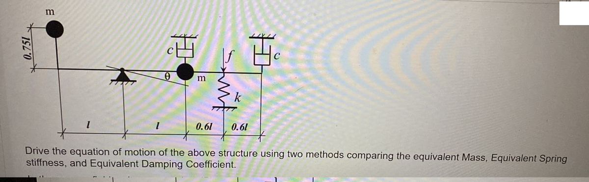 m
k
0.61
0.61
Drive the equation of motion of the above structure using two methods comparing the equivalent Mass, Equivalent Spring
stiffness, and Equivalent Damping Coefficient.
0.751
