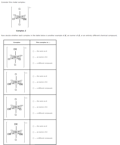 Consider this metal complex:
CI
он
OH
он
CI
Complex
Now decide whether each complex in the table below is another example of A, an isomer of A, or an entirely different chemical compound.
C1
Complex
OH
C1
ОН
OH
OH
OH
он
обра
.CI
он
OH
13-
This complex is...
( ... the same as A
Оer of A
O... a different compound.
0 ... the same as A
On somer of A
O... a different compound.
0 ... the same as A
0... er of A
0... a different compound.
0 ... the same as A
0... er of A
0... a dfferent compound.