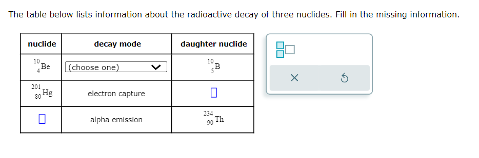 The table below lists information about the radioactive decay of three nuclides. Fill in the missing information.
nuclide
10
4
Be
201
80 Hg
decay mode
(choose one)
electron capture
alpha emission
daughter nuclide
10
B
0
234
90
Th
X
Ś