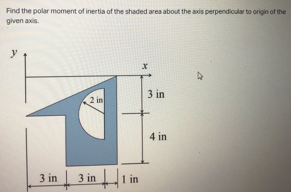 Find the polar moment of inertia of the shaded area about the axis perpendicular to origin of the
given axis.
y
3 in
2 in
4 in
3 in
3 in
1 in
