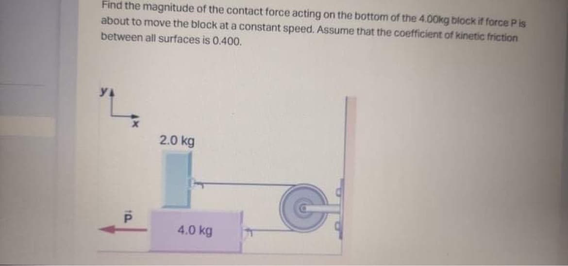 Find the magnitude of the contact force acting on the bottom of the 4.00kg block if force P is
about to move the block at a constant speed. Assume that the coefficient of kinetic friction
between all surfaces is 0.400.
2.0 kg
4.0 kg
1P
