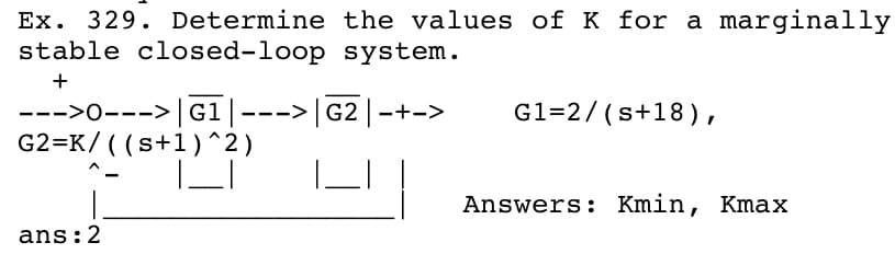 Ex. 329. Determine the values of K for a marginally
stable closed-loop system.
+
G1=2/ (s+18),
--->0---> G1---> G2 -+->
G2=K/ ( (s+1)^2)
Answers: Kmin, Kmax
ans:2
