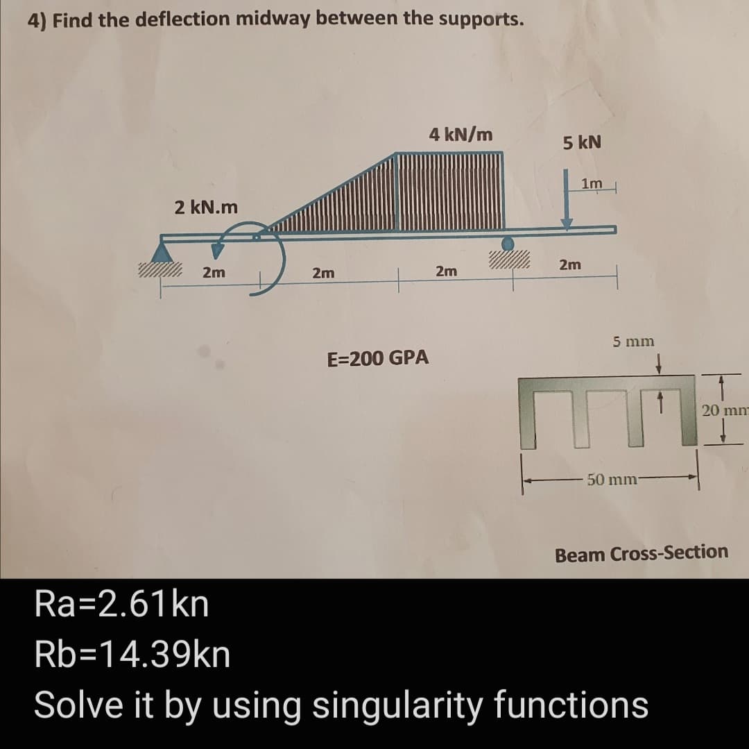 4) Find the deflection midway between the supports.
4 kN/m
5 kN
1m
2 kN.m
2m
2m
2m
2m
5 mm
E=200 GPA
20 mm
50 mm
Beam Cross-Section
Ra=2.61kn
Rb=14.39kn
Solve it by using singularity functions
