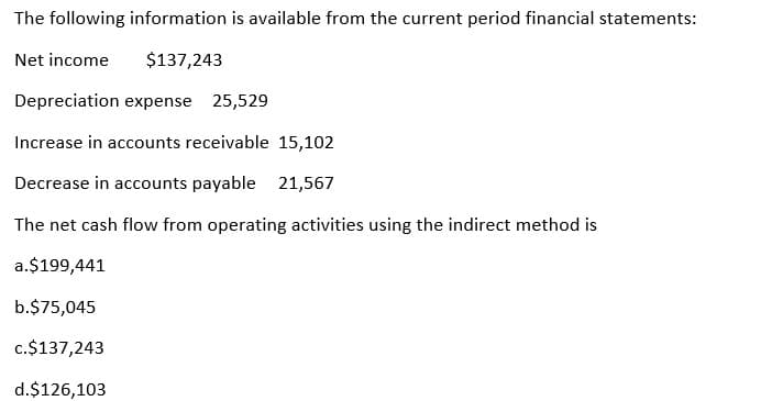 The following information is available from the current period financial statements:
Net income $137,243
Depreciation expense 25,529
Increase in accounts receivable 15,102
Decrease in accounts payable 21,567
The net cash flow from operating activities using the indirect method is
a.$199,441
b.$75,045
c.$137,243
d.$126,103