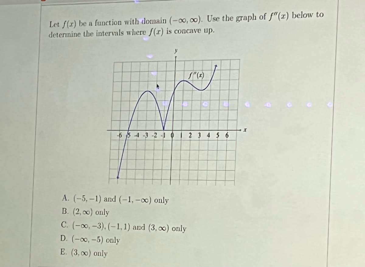 Let f(x) be a function with domain (-00, 00). Use the graph of f"(x) below to
determine the intervals where f(x) is concave up.
y
S"(x)
I
-6 5-4-3-2-1 0
2 3 4 5 6
A. (-5,-1) and (-1,-00) only
B. (2,00) only
C. (-00,-3), (-1, 1) and (3,00) only
D. (-00,-5) only
E. (3,00) only