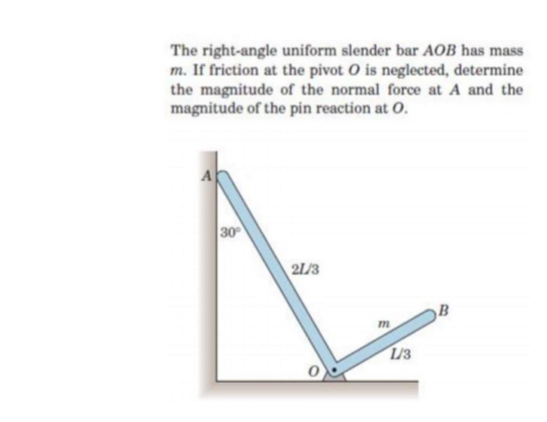 The right-angle uniform slender bar AOB has mass
m. If friction at the pivot O is neglected, determine
the magnitude of the normal force at A and the
magnitude of the pin reaction at O.
30°
21/3
m
1/3
B
