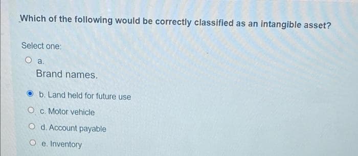 Which of the following would be correctly classified as an intangible asset?
Select one:
O a.
Brand names.
b. Land held for future use
O c. Motor vehicle
O d. Account payable
O e. Inventory