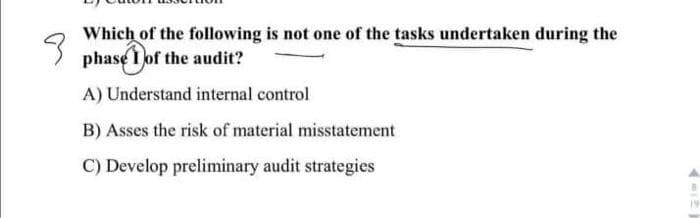 3
Which of the following is not one of the tasks undertaken during the
phase of the audit?
A) Understand internal control
B) Asses the risk of material misstatement
C) Develop preliminary audit strategies
4021