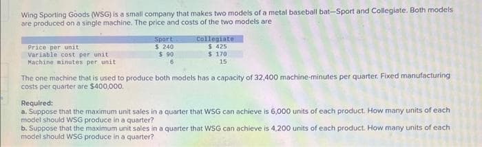 Wing Sporting Goods (WSG) is a small company that makes two models of a metal baseball bat-Sport and Collegiate. Both models
are produced on a single machine. The price and costs of the two models are
Price per unit
Variable cost per unit
Machine minutes per unit
Sport
$ 240
$ 90
6
Collegiate
$ 425
$ 170
15
The one machine that is used to produce both models has a capacity of 32,400 machine-minutes per quarter. Fixed manufacturing
costs per quarter are $400,000.
Required:
a. Suppose that the maximum unit sales in a quarter that WSG can achieve is 6,000 units of each product. How many units of each
model should WSG produce in a quarter?
b. Suppose that the maximum unit sales in a quarter that WSG can achieve is 4,200 units of each product. How many units of each
model should WSG produce in a quarter?