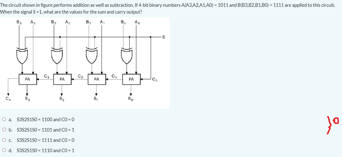 The circuit shown in figure performs addition as well as subtraction. If 4-bit binary numbers A(A3,A2,A1,A0) = 1011 and B(B3,B2,B1,B0) = 1111 are applied to this circuit.
When the signal S=1, what are the values for the sum and carry output?
B3
Ag
B2
A2
B,
A,
B.
Ao
C3
C2
FA
Co
FA
FA
FA
So
C4
S3
Oa.
S3S2S1S0 = 1100 and CO = 0
O b. S3S2S1SO = 1101 and CO = 1
c.
S3S2S1S0 = 1111 and CO = 0
O d. S3S2S1SO = 1110 and CO = 1
D
