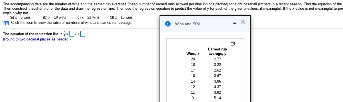 The accompanying data are the number of wins and the earned run averages (mean number of earned runs allowed per nine innings pitched) for eight baseball pitchers in a recent season. Find the equation of the regression line. Then construct a scatter plot of the data and draw the regression line. Then use the regression equation to predict the value of \( y \) for each of the given \( x \)-values, if meaningful. If the \( x \)-value is not meaningful to predict, explain why not.

(a) \( x = 5 \) wins
(b) \( x = 10 \) wins
(c) \( x = 21 \) wins
(d) \( x = 15 \) wins

