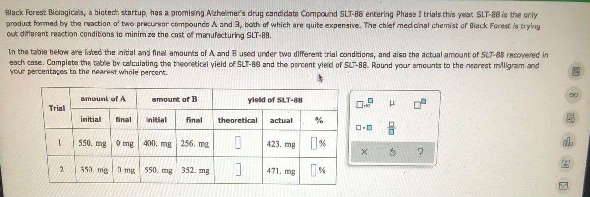 **Black Forest Biologicals: Alzheimer's Drug Candidate Compound SLT-88 Trials**

Black Forest Biologicals, a biotech startup, has developed a promising Alzheimer's drug candidate known as Compound SLT-88, which is about to enter Phase I trials this year. SLT-88 is produced through a reaction involving two precursor compounds, A and B, both of which are quite expensive. The chief medicinal chemist at Black Forest is experimenting with different reaction conditions to minimize the cost of manufacturing SLT-88.

**Objective:**
To determine the initial and final amounts of compounds A and B used under two different trial conditions, and to calculate the theoretical and actual yield of SLT-88. Additionally, to compute the percent yield of SLT-88 for each trial.

**Data:**
*The table below provides the initial and final amounts of compounds A and B, along with the actual amount of SLT-88 recovered in each case.*

| Trial | Amount of A (mg)         | Amount of B (mg)         | Yield of SLT-88 |
|-------|-------------------------|-------------------------|---------------------|
|       | Initial       | Final     | Initial    | Final     | Theoretical | Actual | Percentage (%) |
| 1     | 550           | 0        | 400         | 256       |             | 423     |                  |
| 2     | 350           | 0        | 550         | 352       |             | 471     |                  |

**Instructions to Complete the Table:**

1. *Calculate the Theoretical Yield of SLT-88:* The theoretical yield can be determined using stoichiometry based on the initial amounts of precursors A and B, assuming complete conversion to SLT-88.
2. *Calculate the Percent Yield:* 
   - Percent yield is given by the formula:
     \[
     \text{Percent Yield} = \left( \frac{\text{Actual Yield}}{\text{Theoretical Yield}} \right) \times 100
     \]
   - Round your percentages to the nearest whole percent.

The trial data allows for a better understanding of the efficiency of the reaction under different conditions and helps in optimizing the reaction for cost-effective production of SLT-88. This approach is essential for advancing from lab-scale synthesis to industrial-scale production, ensuring that the process is economically viable.