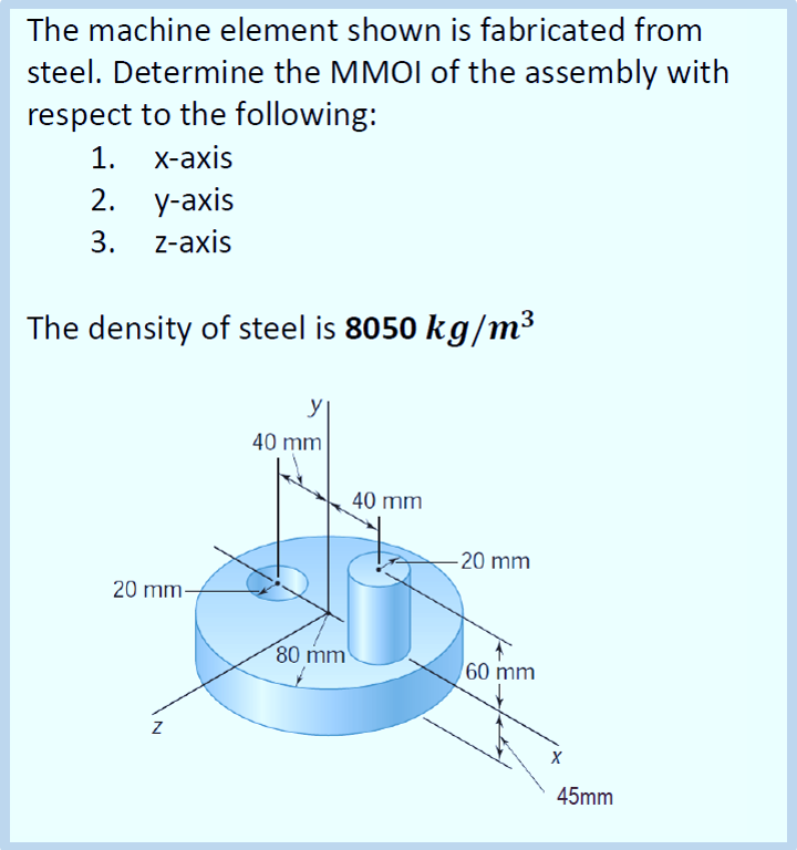 The machine element shown is fabricated from
steel. Determine the MMOI of the assembly with
respect to the following:
1.
x-axis
2.
3.
y-axis
z-axis
The density of steel is 8050 kg/m³
20 mm-
Z
40 mm
80 mm
40 mm
-20 mm
60 mm
X
45mm