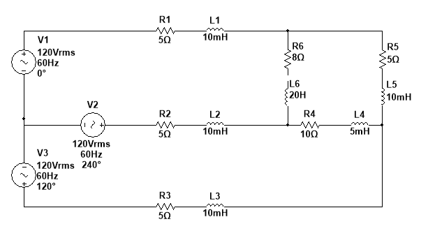 R1
L1
V1
50
10mH
R6
R5
120Vrms
60HZ
0°
80
50
JL6
20H
L5
10mH
V2
R2
L2
R4
L4
50
10mH
10Ω
5mH
120Vrms
60HZ
V3
120Vrms 240°
60HZ
120°
R3
L3
wm.
50
10mH
