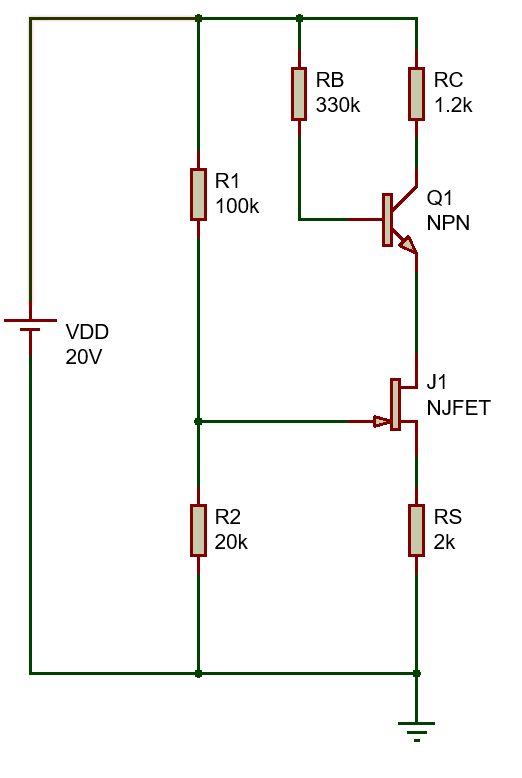 RB
RC
330k
1.2k
R1
Q1
100k
NPN
VDD
20V
J1
NJFET
R2
RS
20k
2k
